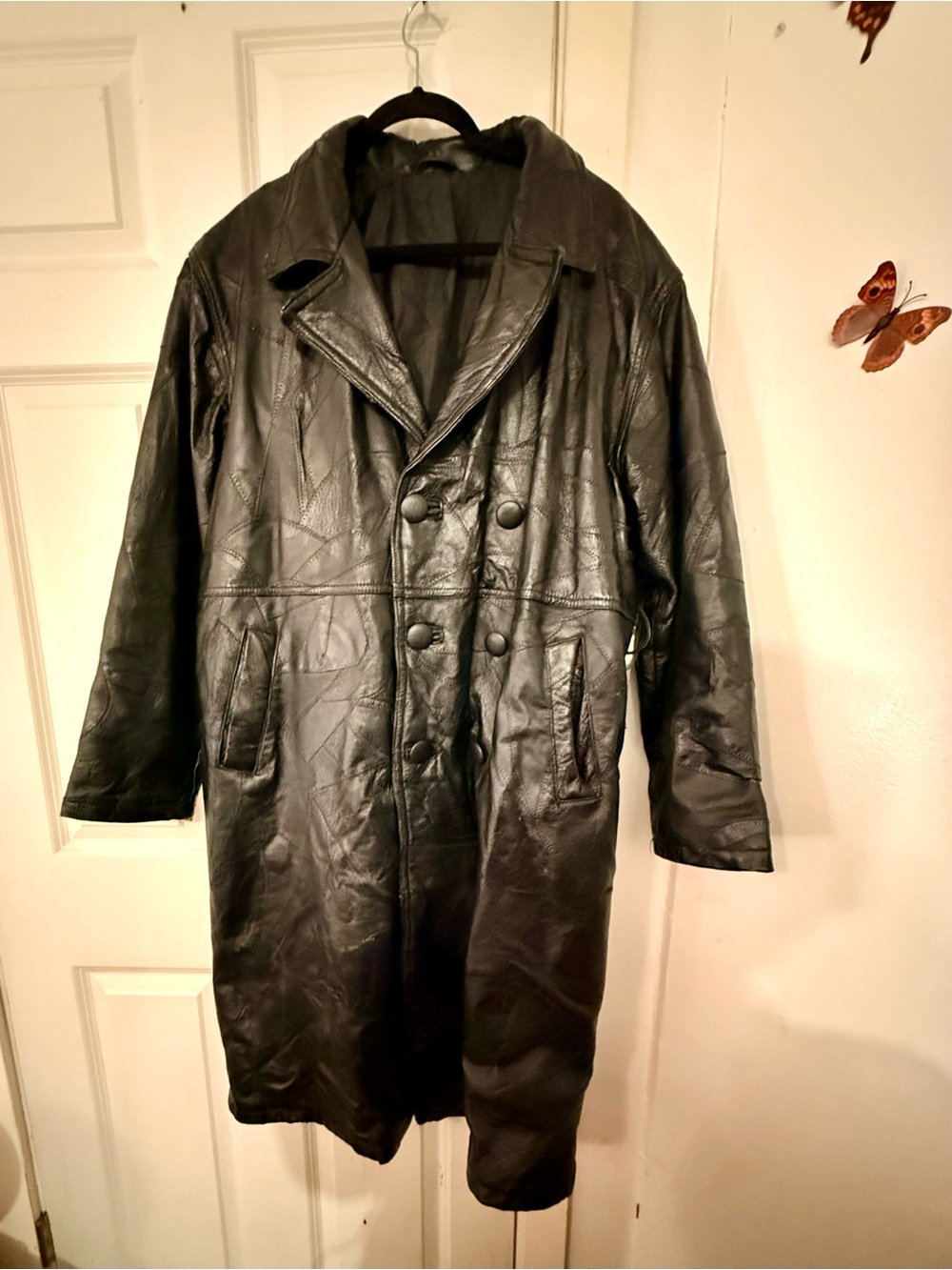 Vintage Patchwork Black Leather Double Button Trench L